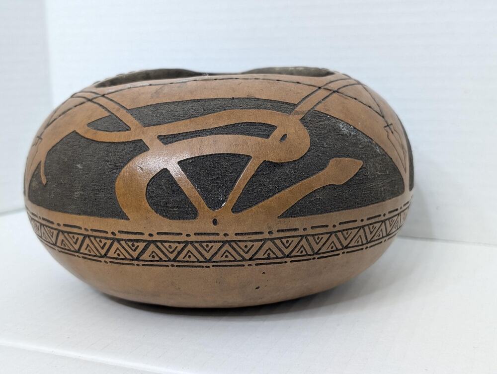 Native American Mohegan Carved Gourd Bowl RJ Steppinwolf Lizard Tribal Art